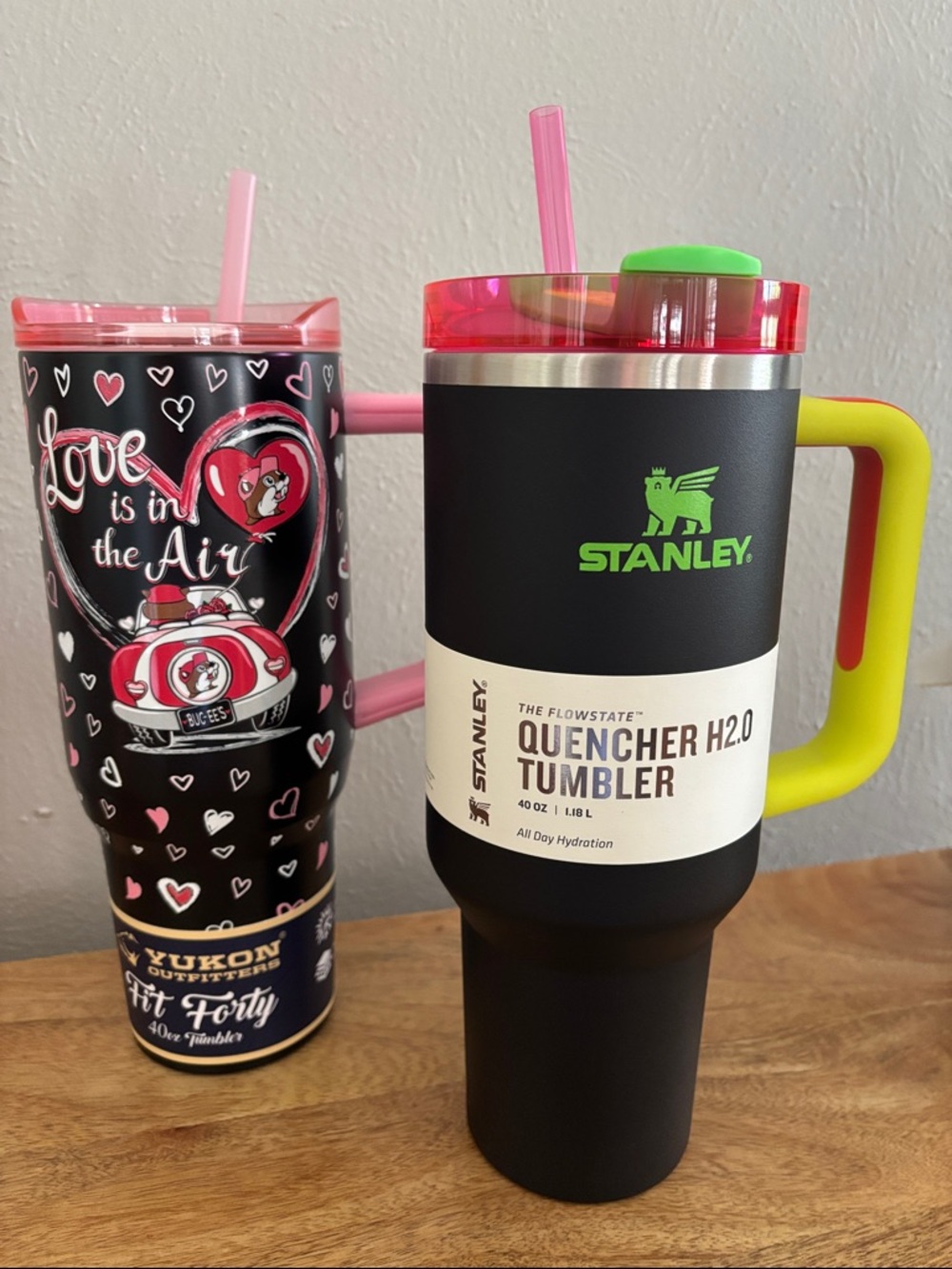 Stanley Neon cup and Buc-ee’s Valentines cup